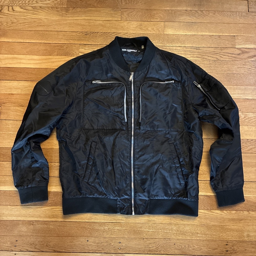 Karl Lagerfield Paris Bomber Jacket Men's Size XL Black Pockets Fashionable